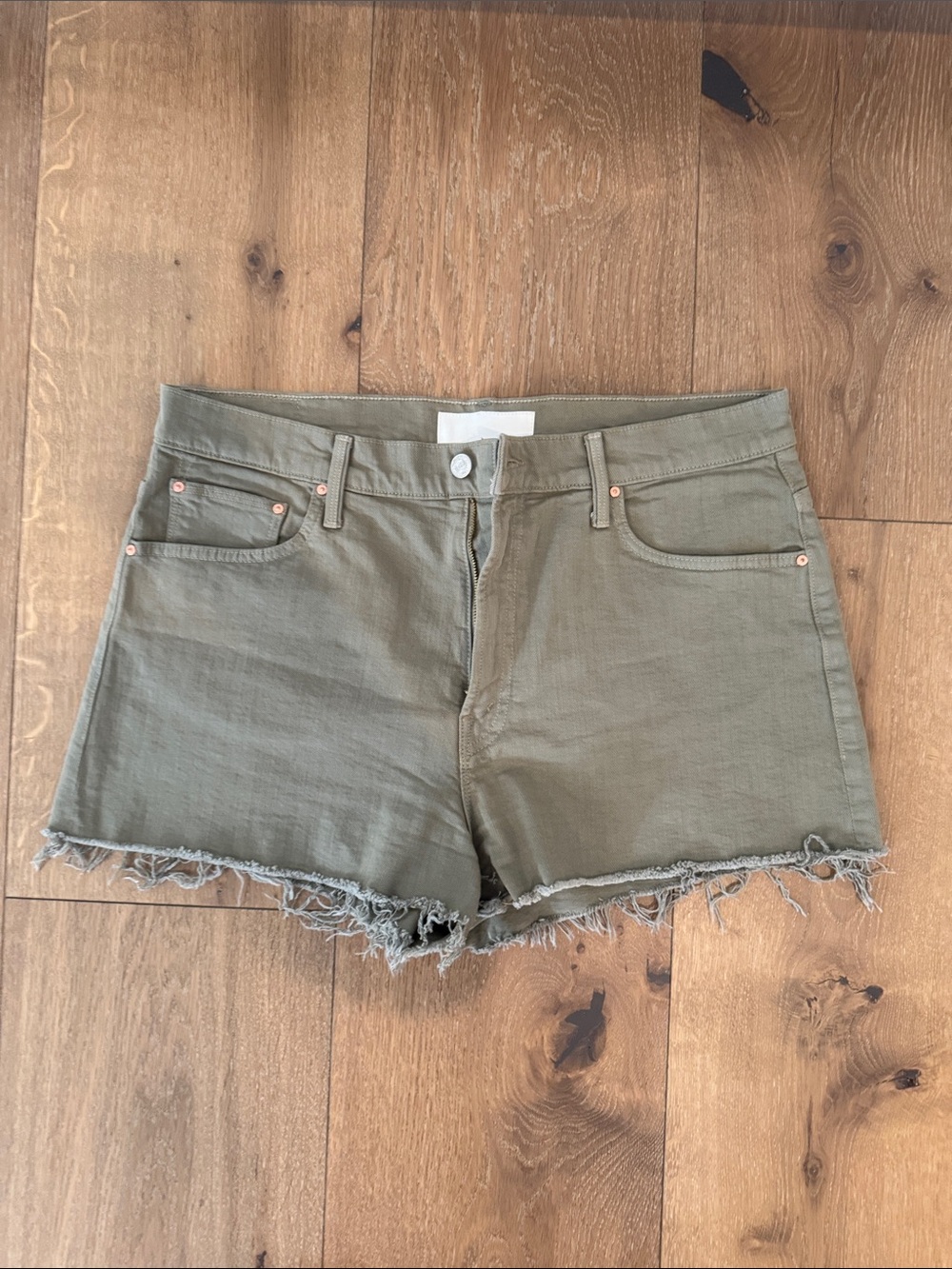 MOTHER Olive Green Frayed Hem Denim Shorts